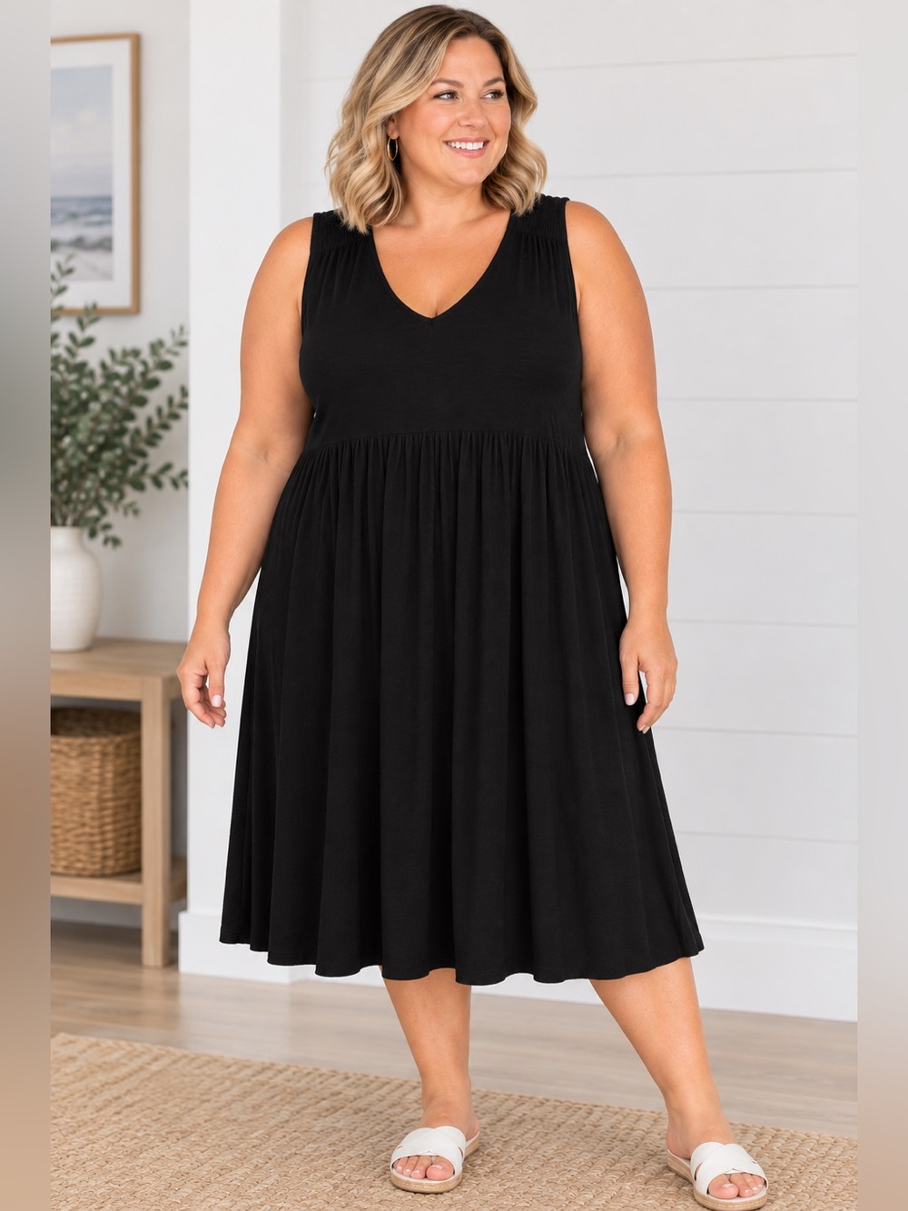 Black Sleeveless V-Neck Jersey Dress